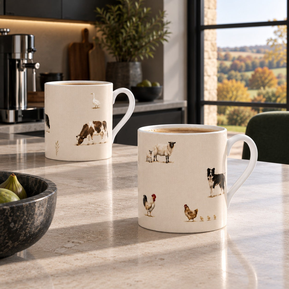 The Farmyard fine bone china mug from the Aminelle & Willow Country Edit featuring sheep, Border Collie, cow, goose and chickens