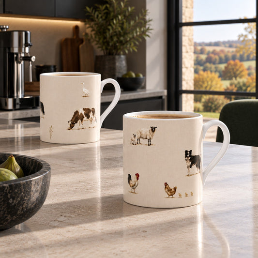 The Farmyard fine bone china mug from the Aminelle & Willow Country Edit featuring sheep, Border Collie, cow, goose and chickens