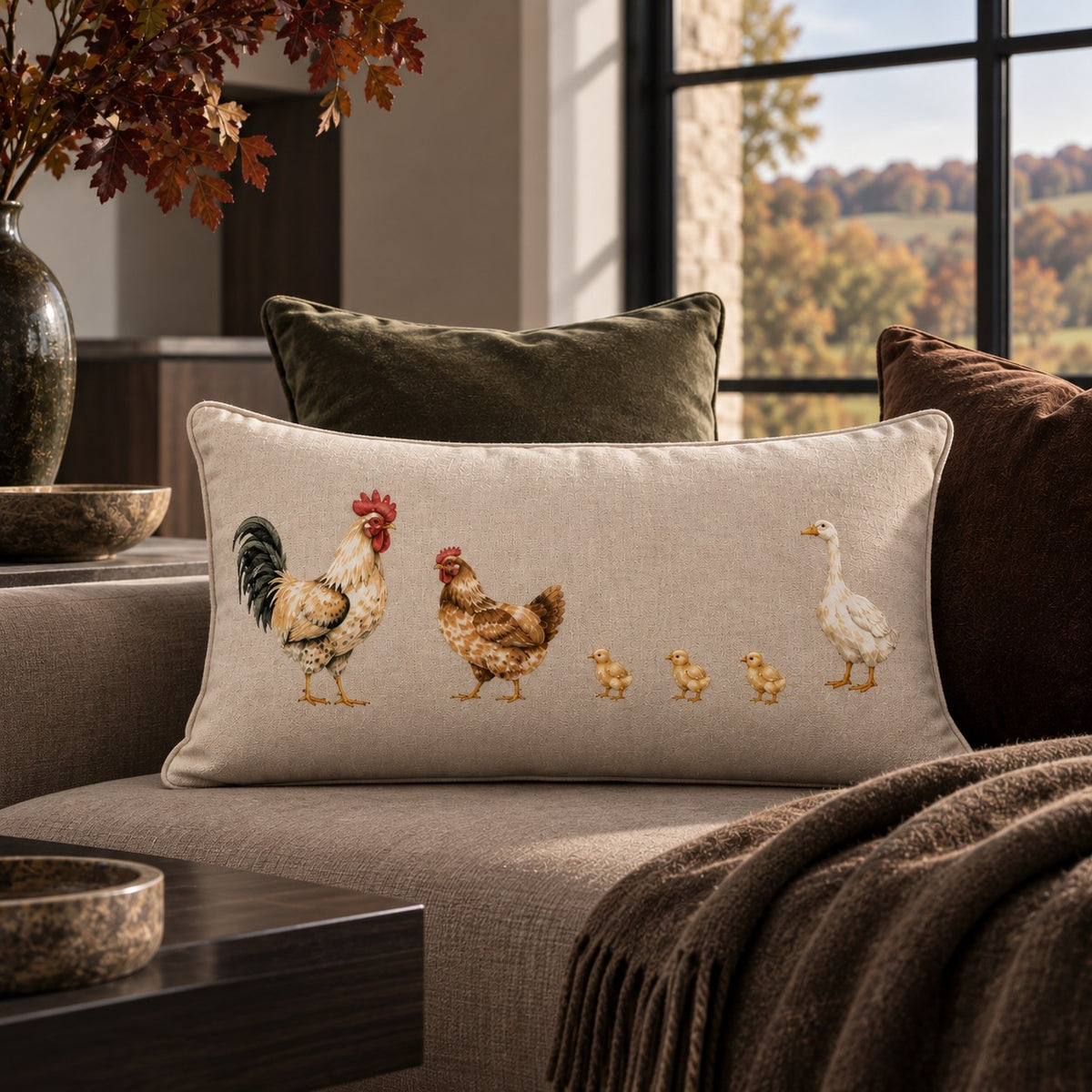 The Hen House Cushion from the Aminelle & Willow Country Edit featuring an illustrated cockerel, hen, three chicks and goose on natural cotton linen
