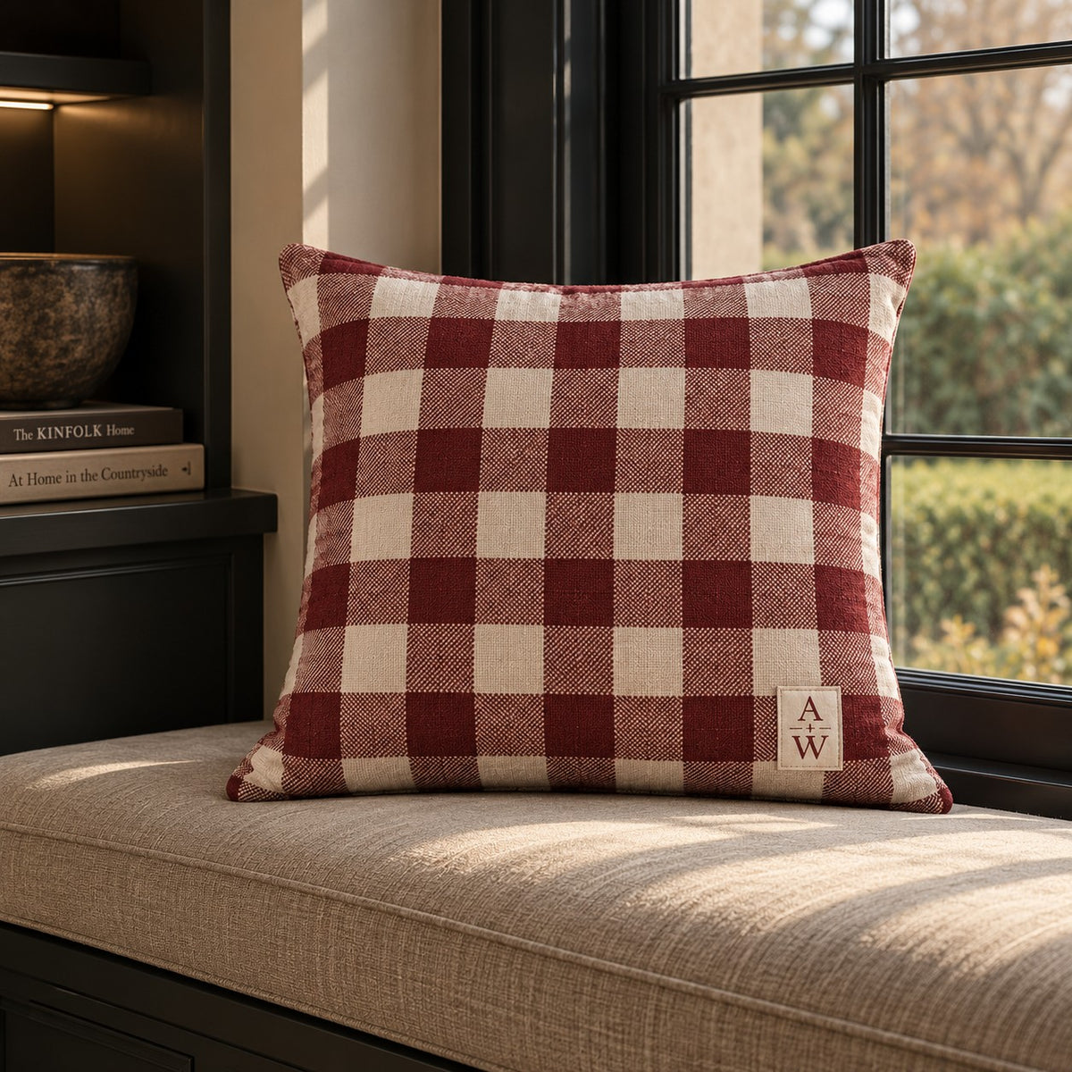 Burgundy and warm ivory gingham cushion from the Aminelle & Willow Heritage House Collection with A&W monogram detail