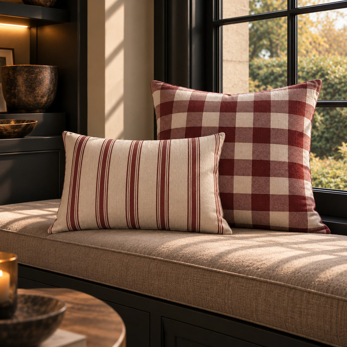 Burgundy and warm ivory striped cotton linen cushion from the Aminelle & Willow Heritage House Collection