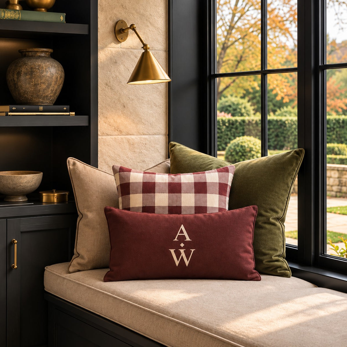 Deep burgundy cotton linen cushion with warm ivory A&W monogram from the Aminelle & Willow Heritage House Collection