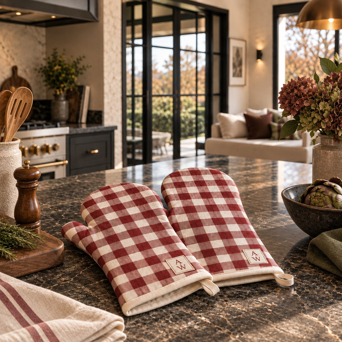 Pair of burgundy and warm ivory gingham oven mitts with A&W monogram from the Aminelle & Willow Heritage House Collection