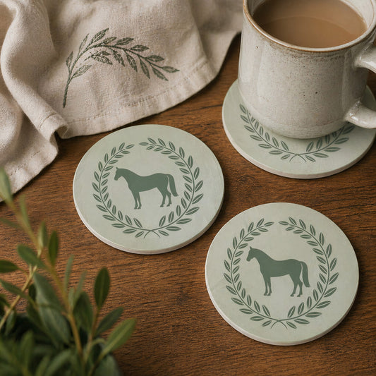Sage Horse Coasters – Set of 2 | Equestrian Country Style Tableware