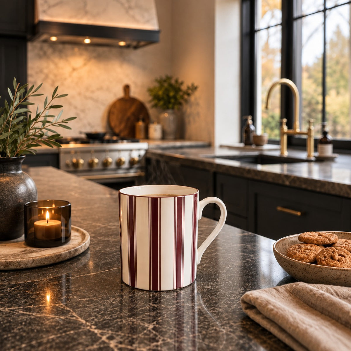 Burgundy and warm ivory striped fine bone china mug from the Aminelle & Willow Heritage House Collection