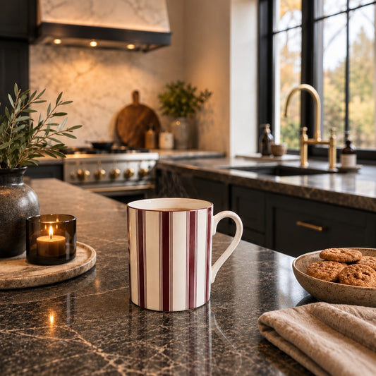 Burgundy and warm ivory striped fine bone china mug from the Aminelle & Willow Heritage House Collection