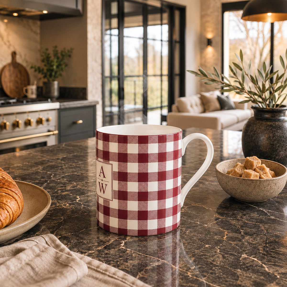 Burgundy and warm ivory gingham fine bone china mug with A&W monogram from the Aminelle & Willow Heritage House Collection