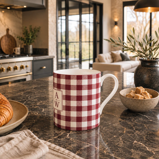 Burgundy and warm ivory gingham fine bone china mug with A&W monogram from the Aminelle & Willow Heritage House Collection