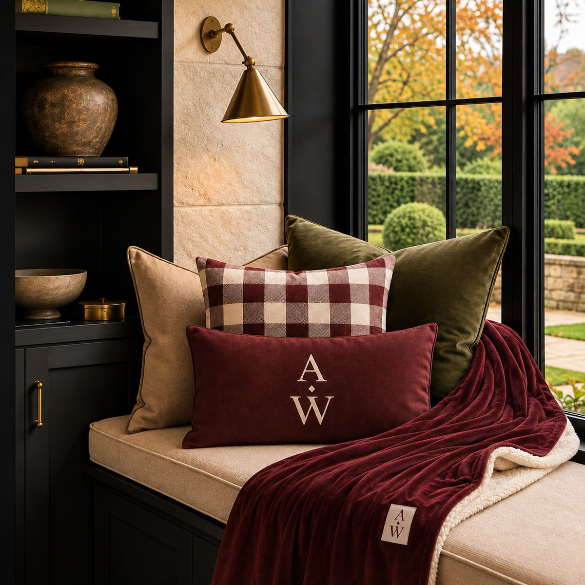 Burgundy velvet Sherpa fleece throw with ivory fleece lining and A&W monogram from the Aminelle & Willow Heritage House Collection