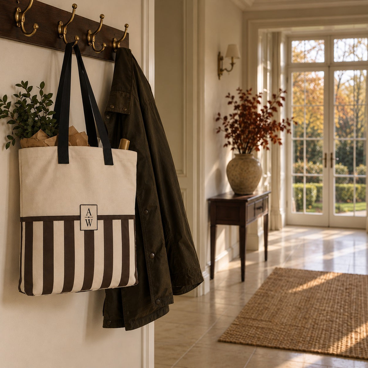 Espresso brown and warm ivory striped organic cotton tote bag with A&W monogram from the Aminelle & Willow Heritage House Collection