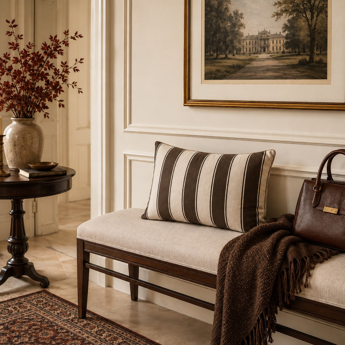 Espresso brown and warm ivory striped cotton linen cushion from the Aminelle & Willow Heritage House Collection