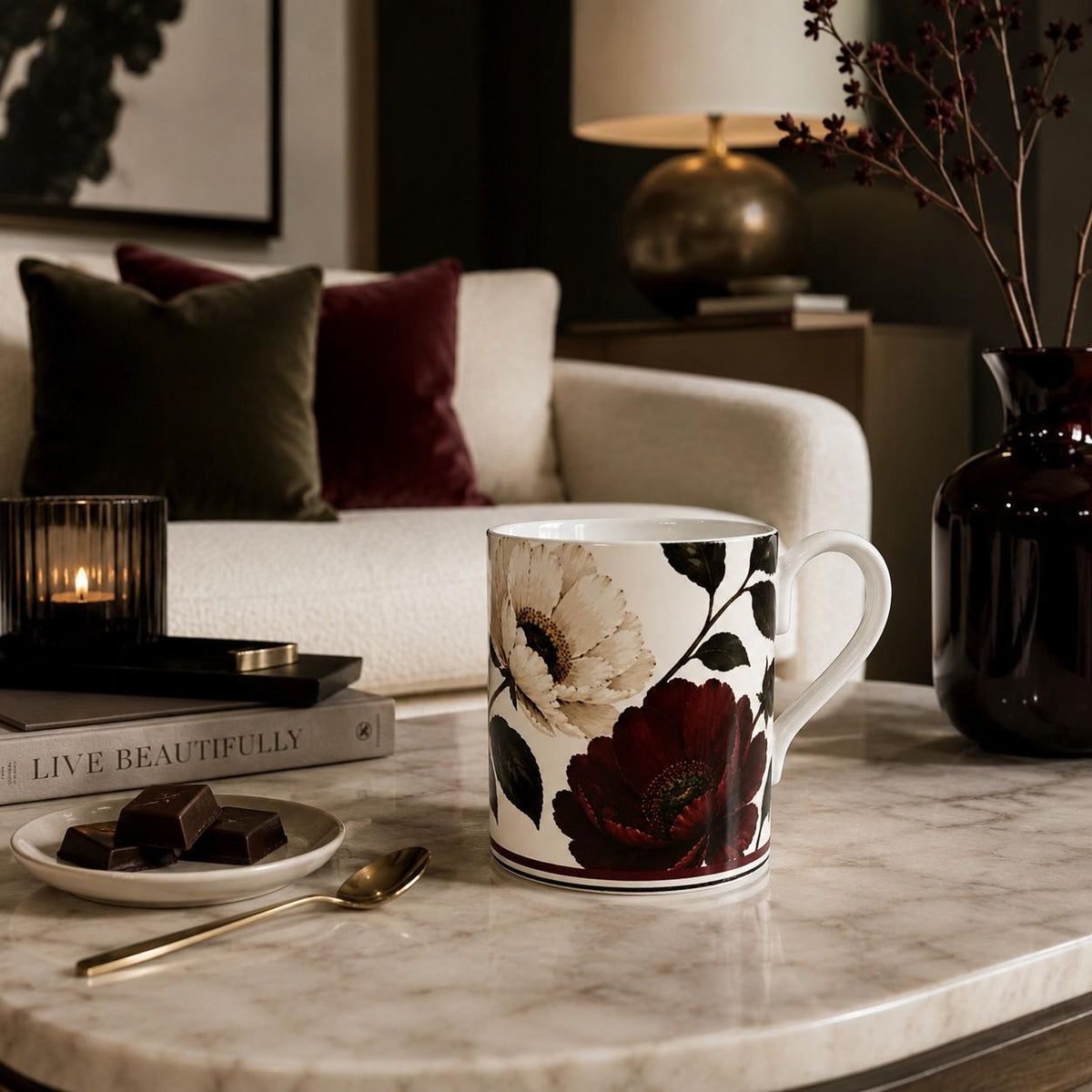 Burgundy Peony Fine Bone China Mug