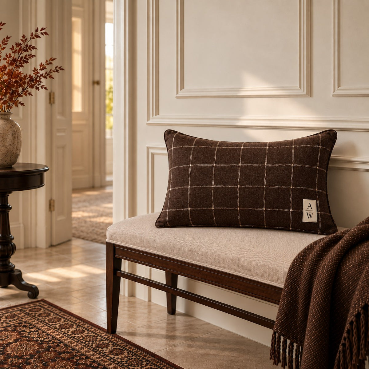 Espresso brown windowpane check cotton linen cushion with A&W monogram from the Aminelle & Willow Heritage House Collection