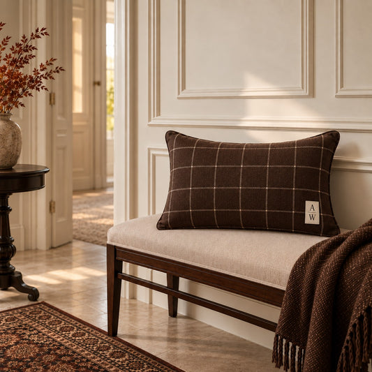 Espresso brown windowpane check cotton linen cushion with A&W monogram from the Aminelle & Willow Heritage House Collection