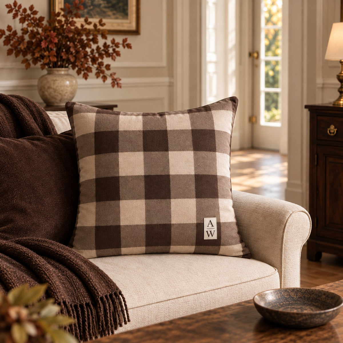 Espresso brown and warm ivory gingham cotton linen cushion with A&W monogram from the Aminelle & Willow Heritage House Collection
