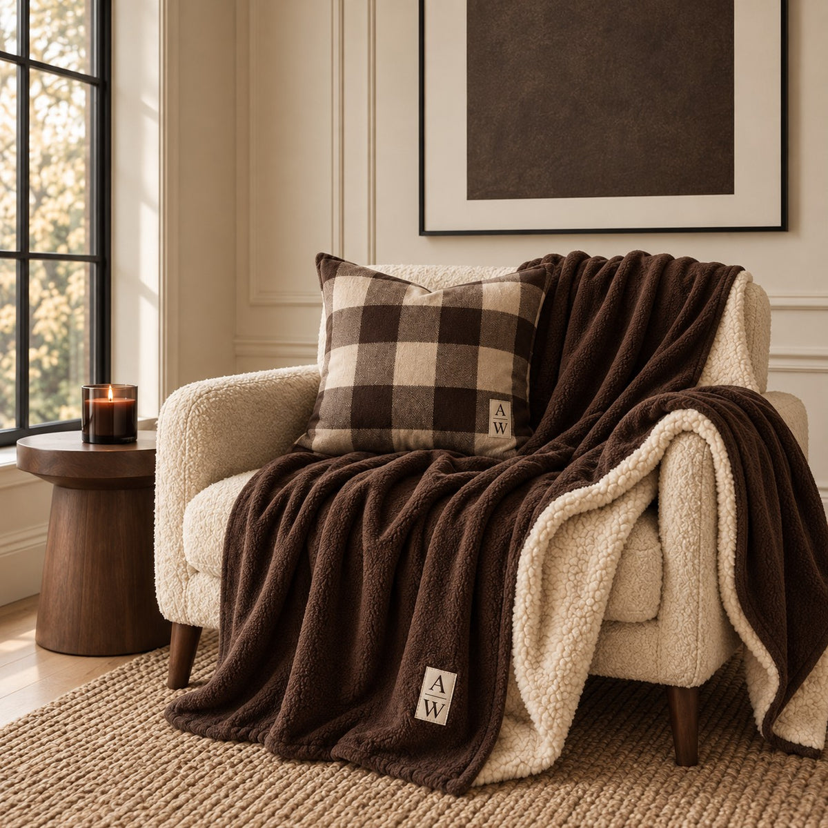 Espresso brown plush velvet and ivory Sherpa fleece throw with A&W monogram from the Aminelle & Willow Heritage House Collection
