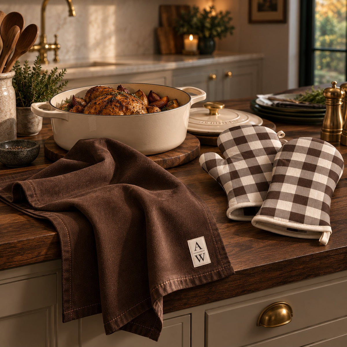 Espresso brown cotton linen tea towel with A&W monogram from the Aminelle & Willow Heritage House Collection