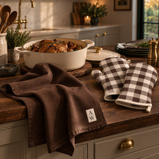 Espresso brown cotton linen tea towel with A&W monogram from the Aminelle & Willow Heritage House Collection