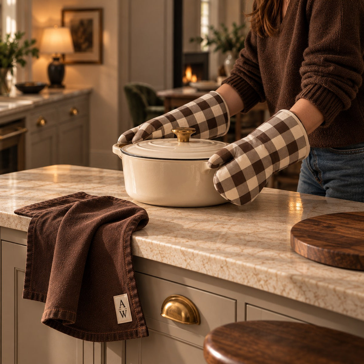Pair of espresso brown and warm ivory gingham oven mitts from the Aminelle & Willow Heritage House Collection