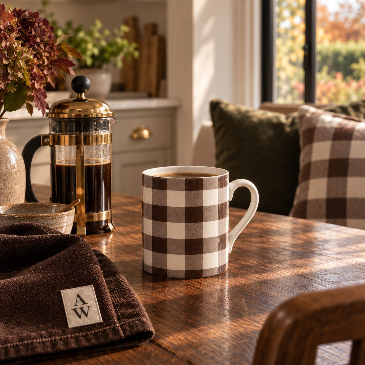 Espresso brown and warm ivory gingham fine bone china mug from the Aminelle & Willow Heritage House Collection