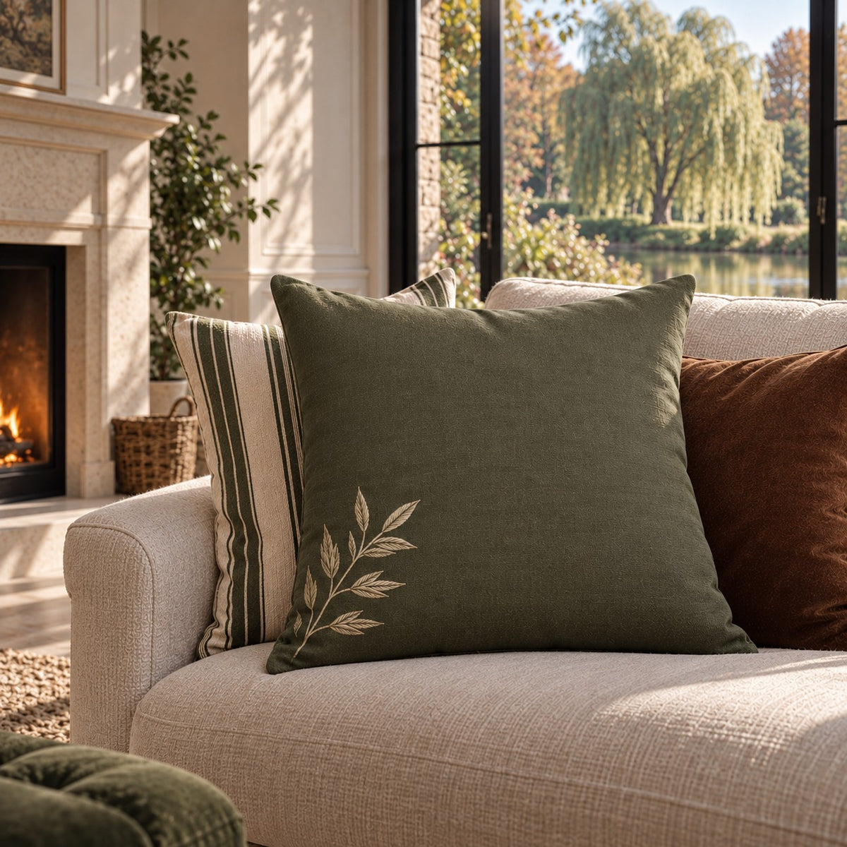 Forest green cotton linen willow cushion with botanical branch design from the A&W Signature Willow Collection