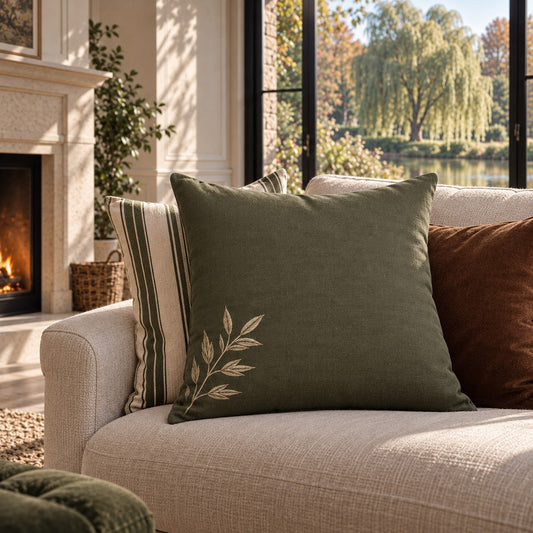 Forest green cotton linen willow cushion with botanical branch design from the A&W Signature Willow Collection