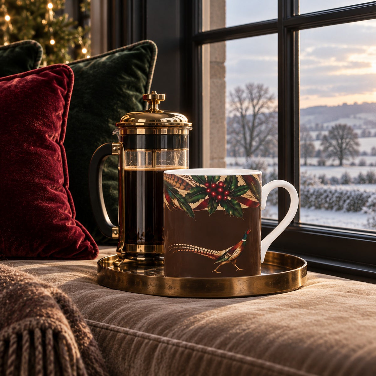 Christmas Pheasant fine bone china mug with pheasant, game feathers, holly and red berries on a dark brown background