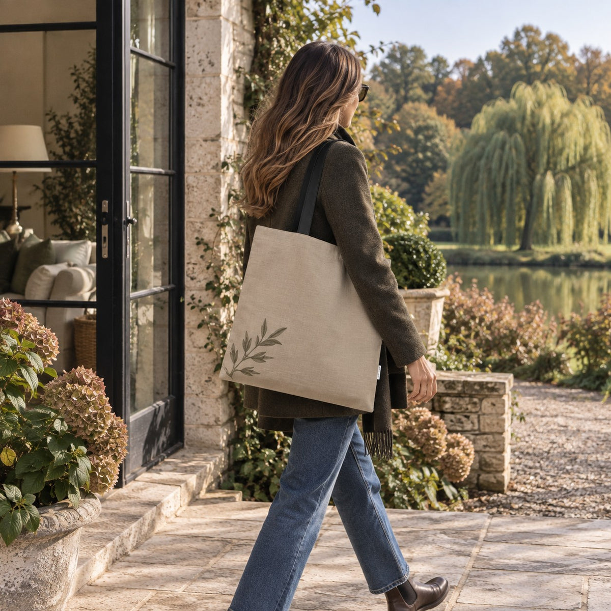 Natural organic cotton tote bag with willow branch design from the A&W Signature Willow Collection