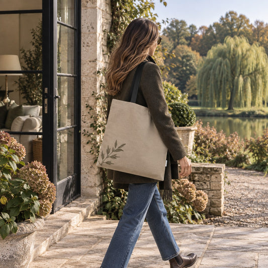 Natural organic cotton tote bag with willow branch design from the A&W Signature Willow Collection