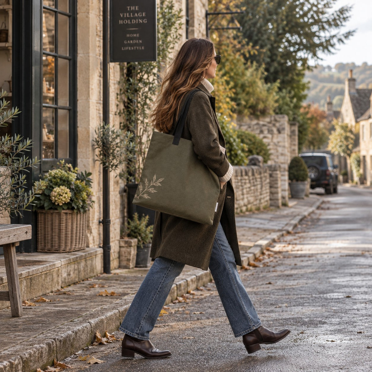 Forest green organic cotton tote bag with natural willow branch design from the A&W Signature Willow Collection