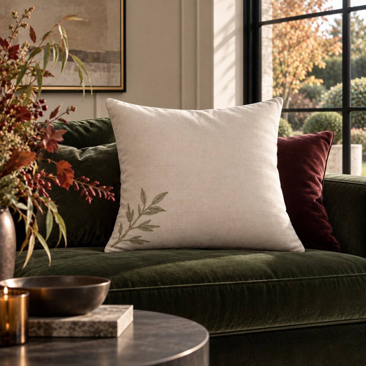 Ivory cotton linen cushion with green willow branch design from the A&W Signature Willow Collection