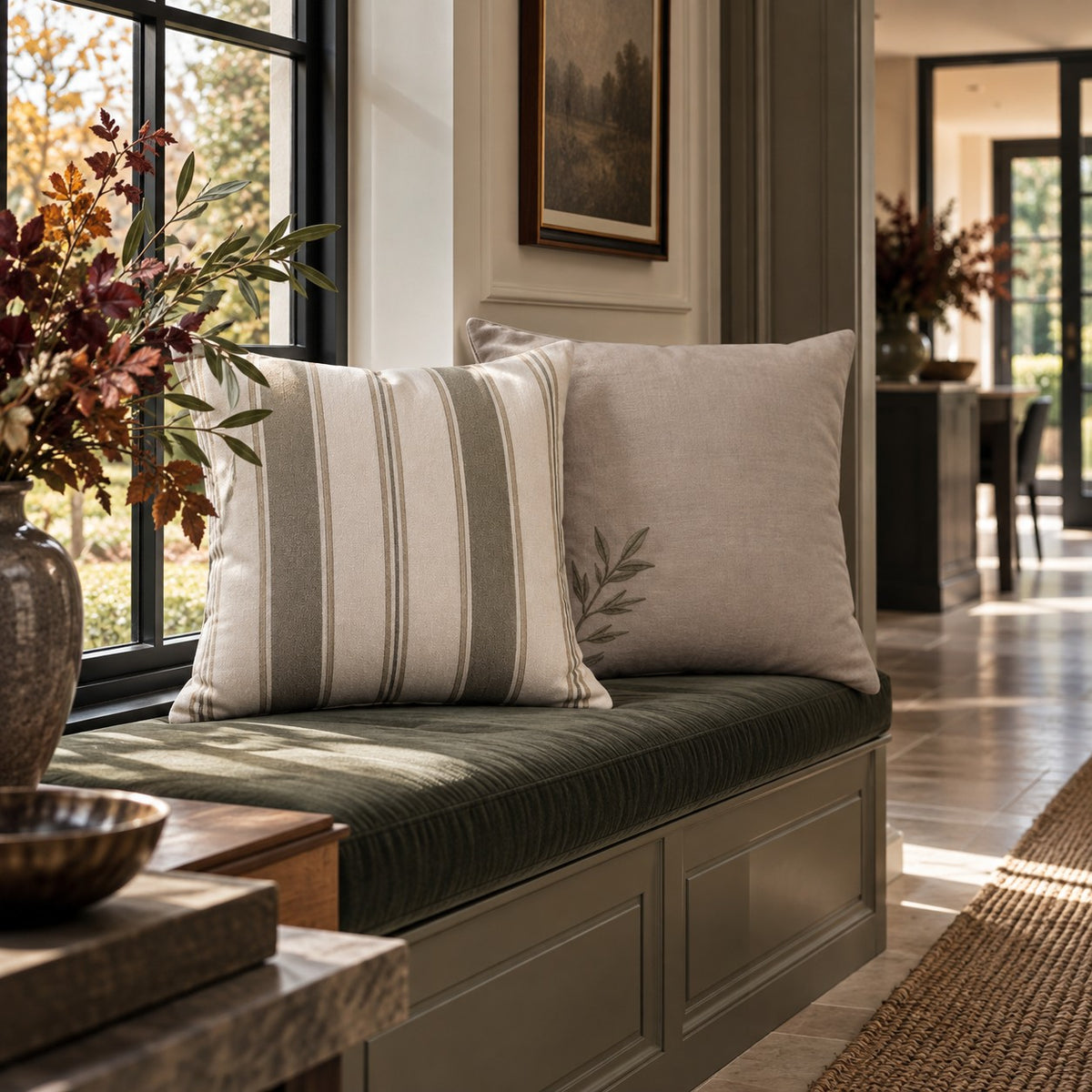 Mushroom and soft ivory striped cotton linen cushion from the A&W Signature Willow Collection