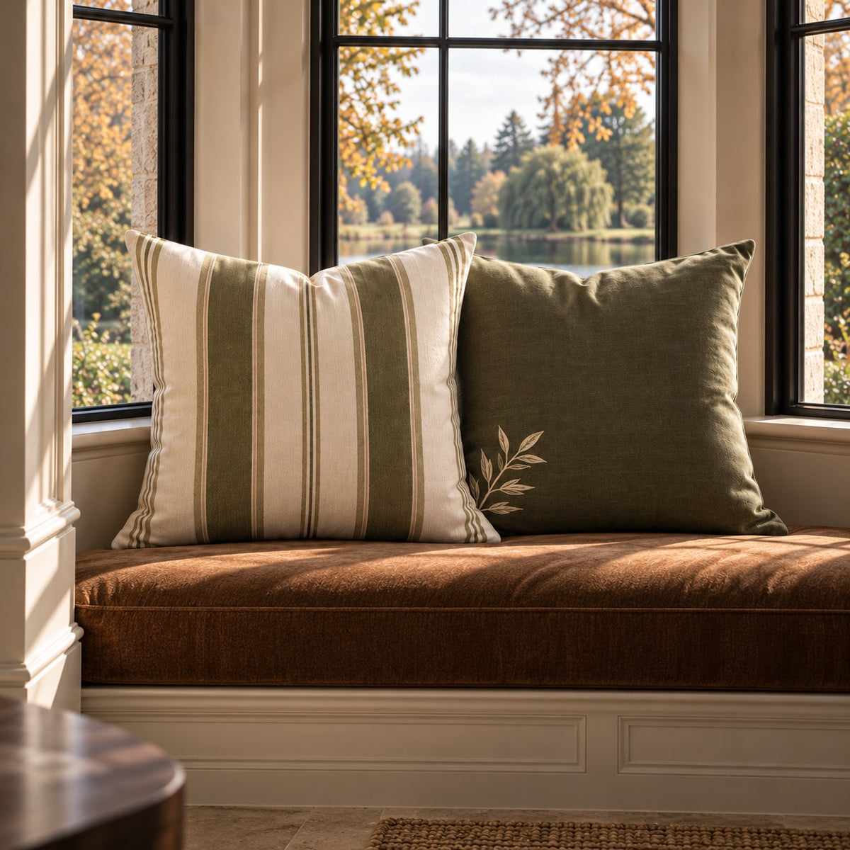 Sage green and warm ivory striped cotton linen cushion from the A&W Signature Willow Collection