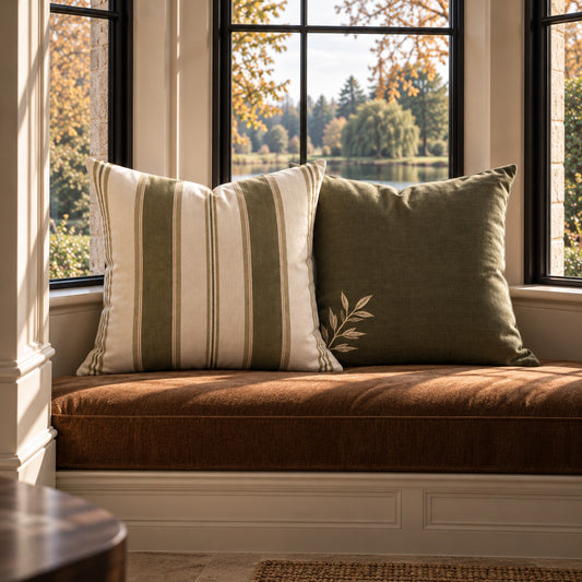 Sage green and warm ivory striped cotton linen cushion from the A&W Signature Willow Collection