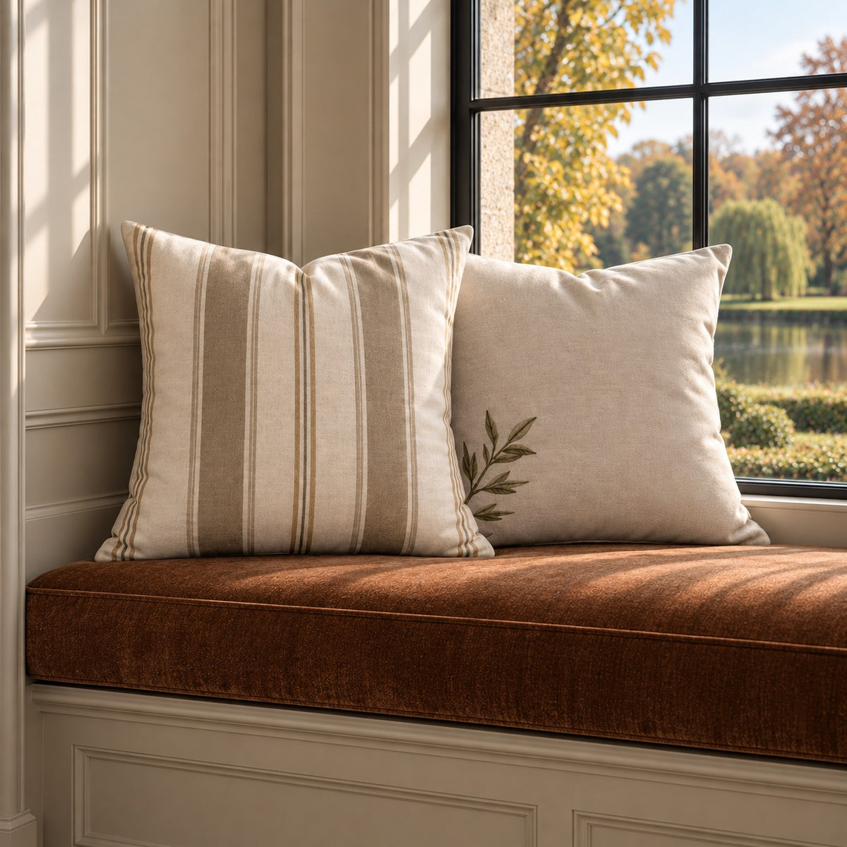 Mushroom and soft ivory striped cotton linen cushion from the A&W Signature Willow Collection