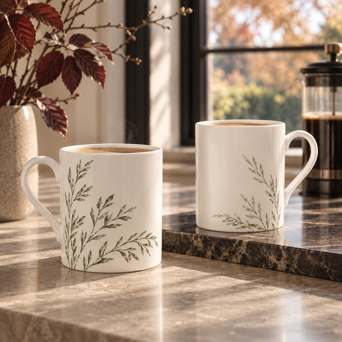 Ivory fine bone china mug with delicate green willow branches from the A&W Signature Willow Collection