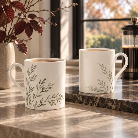 Ivory fine bone china mug with delicate green willow branches from the A&W Signature Willow Collection