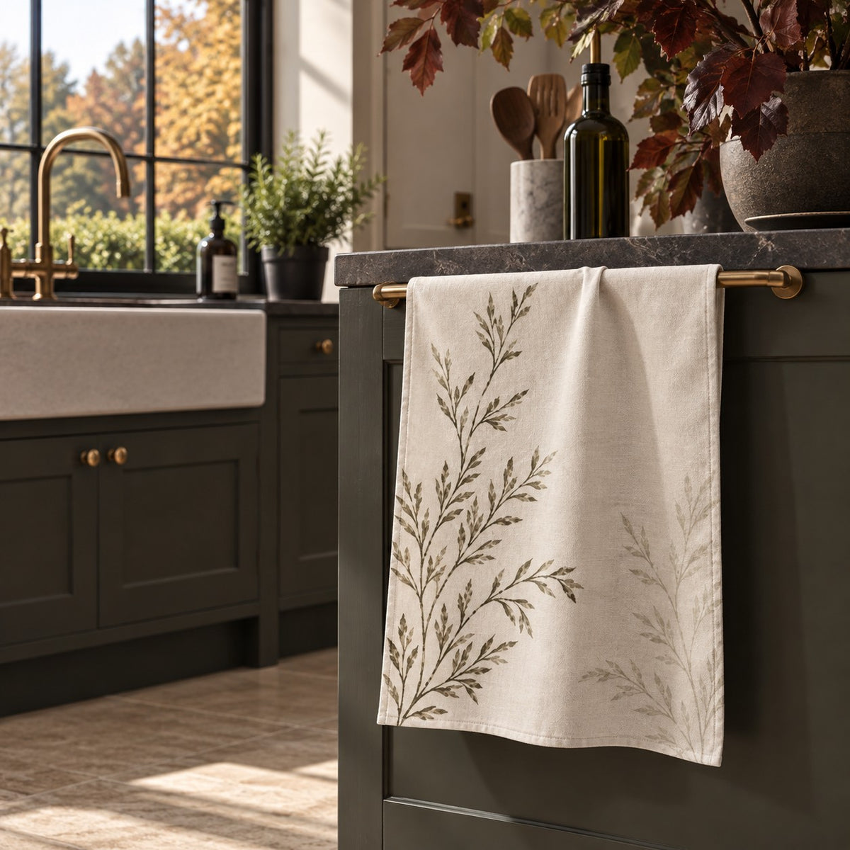 Ivory cotton linen tea towel with delicate green willow branch design from the A&W Signature Willow Collection