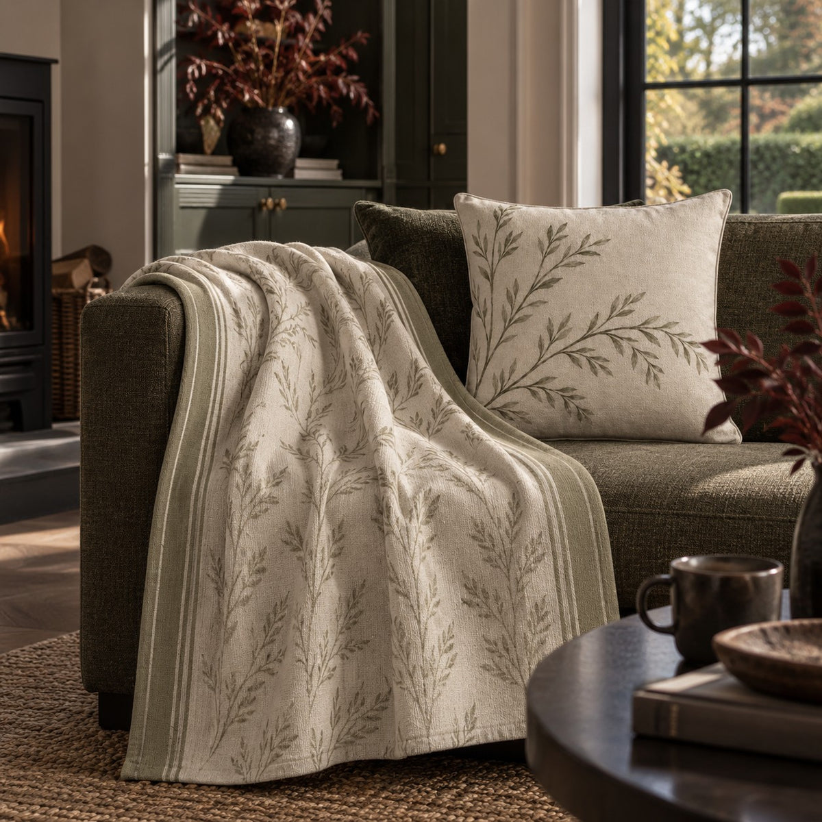 Ivory organic cotton botanical throw with sage green stripes and willow branch design from the A&W Signature Willow Collection