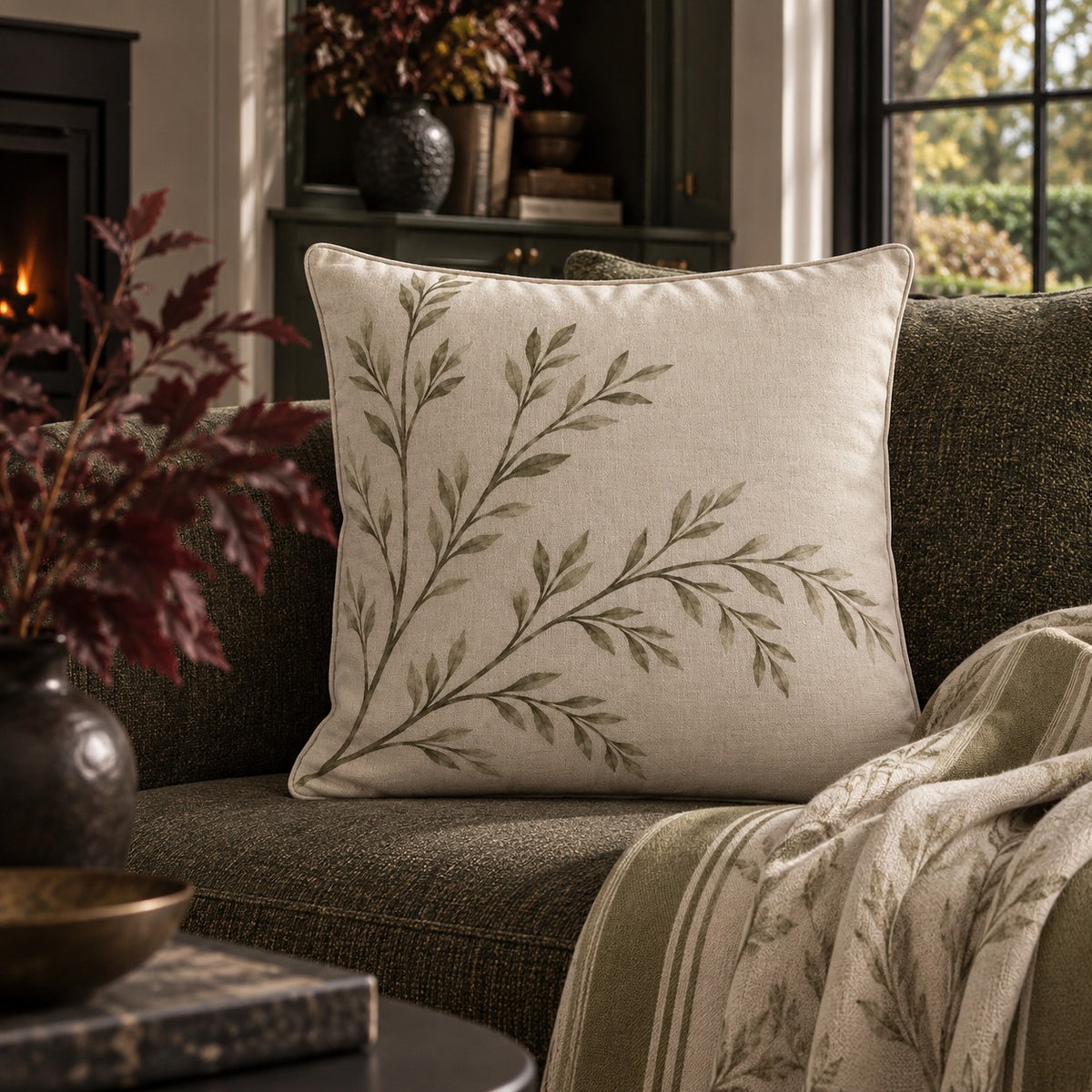 Ivory cotton linen botanical cushion with sweeping green willow branch design from the A&W Signature Willow Collection