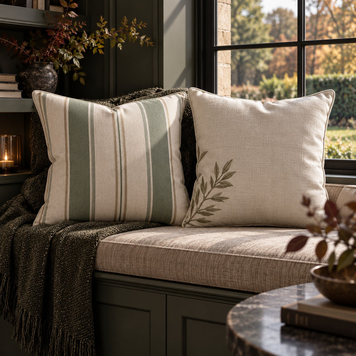 Sage green and warm ivory striped cotton linen cushion with duck feather inner from the A&W Signature Willow Collection
