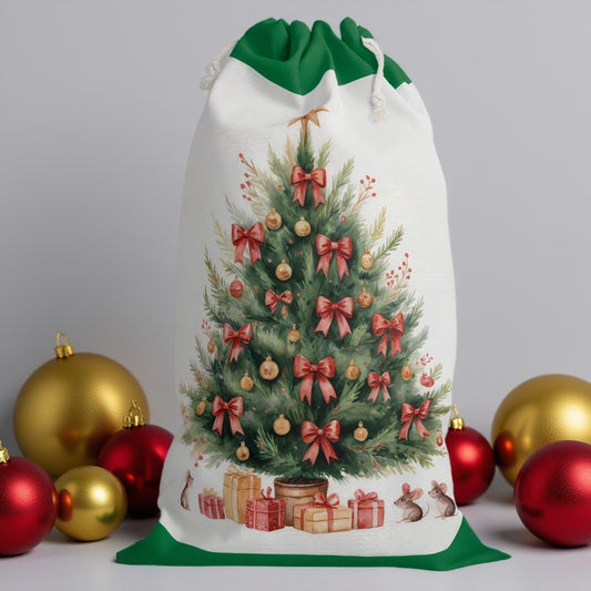 Christmas Sack with Tree & Red Ribbon Design - Perfect Christmas Bag