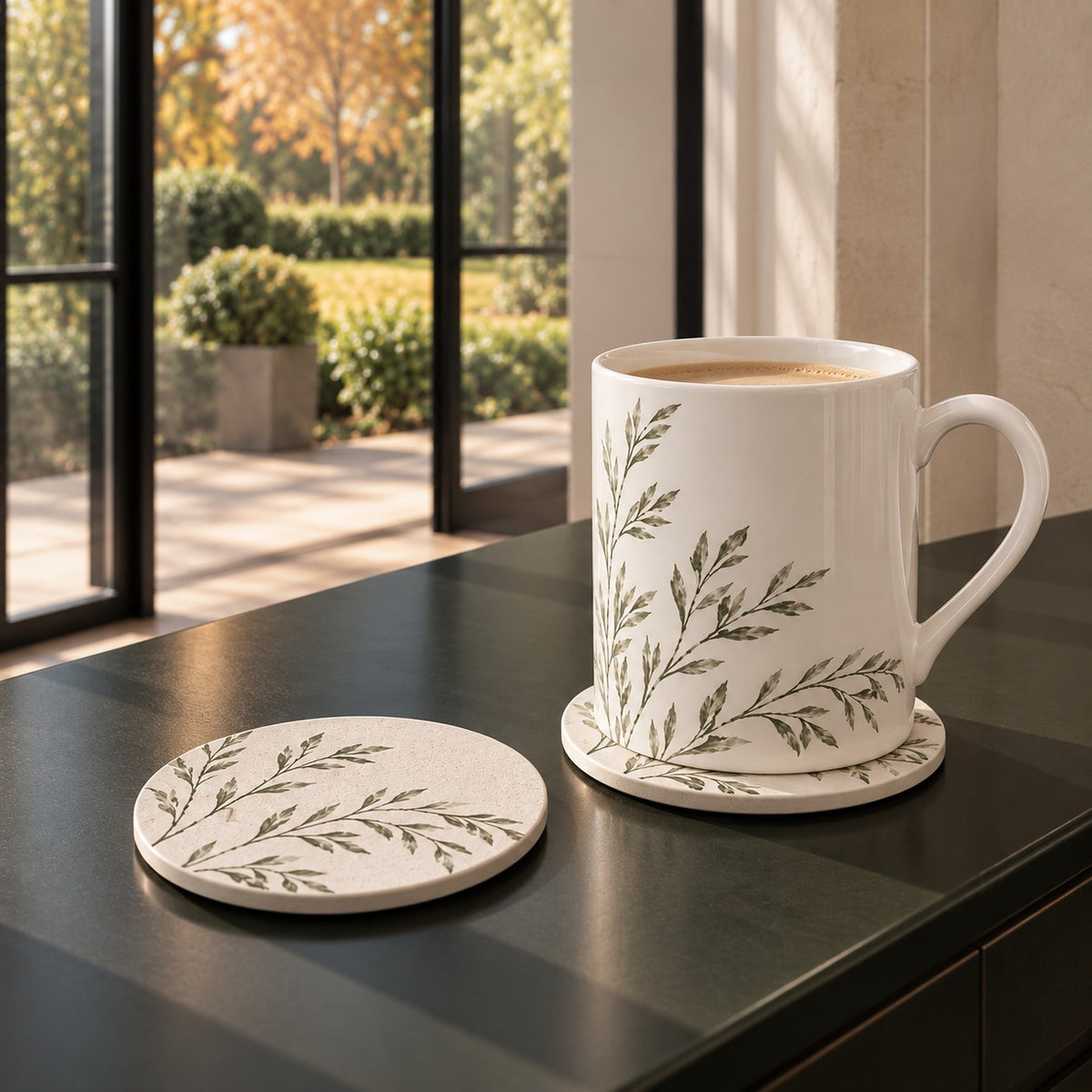 Set of two round ivory ceramic coasters with green willow branch design and cork backing from the A&W Signature Willow Collection