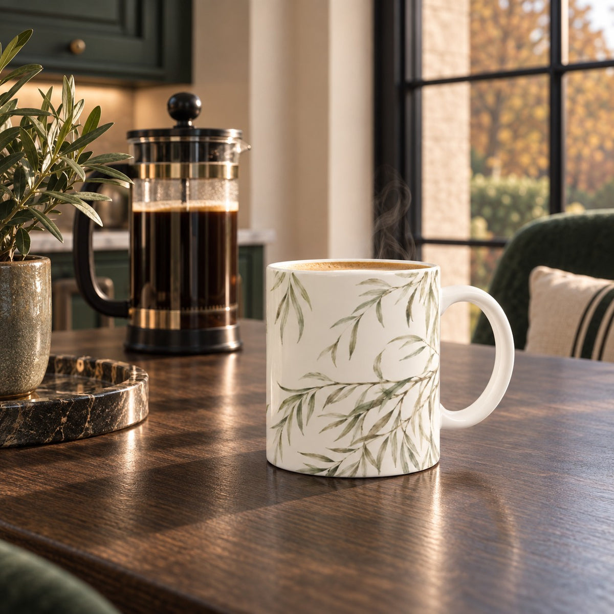 A&W Signature Willow 11oz ceramic mug featuring soft sage green willow branches on an ivory ground