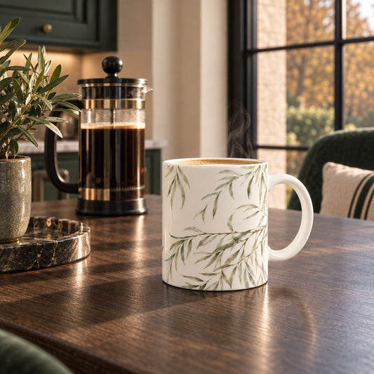 A&W Signature Willow 11oz ceramic mug featuring soft sage green willow branches on an ivory ground