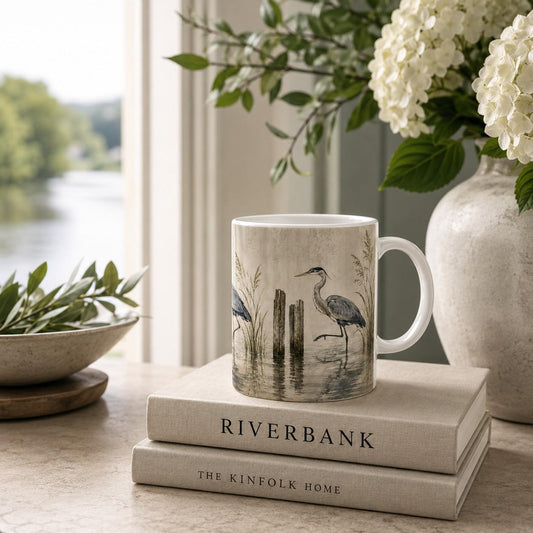 River Heron ceramic mug with illustrated grey heron wading amongst reeds, timber posts and softly reflected river water