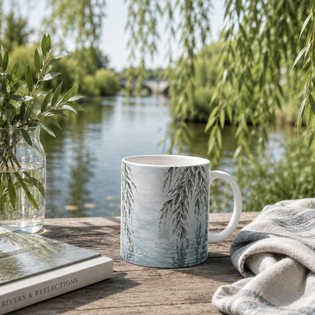 Willow Water Mug with green willow branches reflected over soft blue water