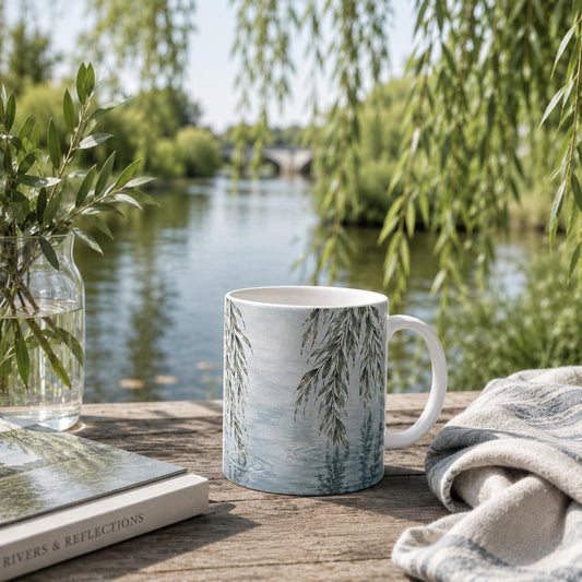 Willow Water Mug with green willow branches reflected over soft blue water