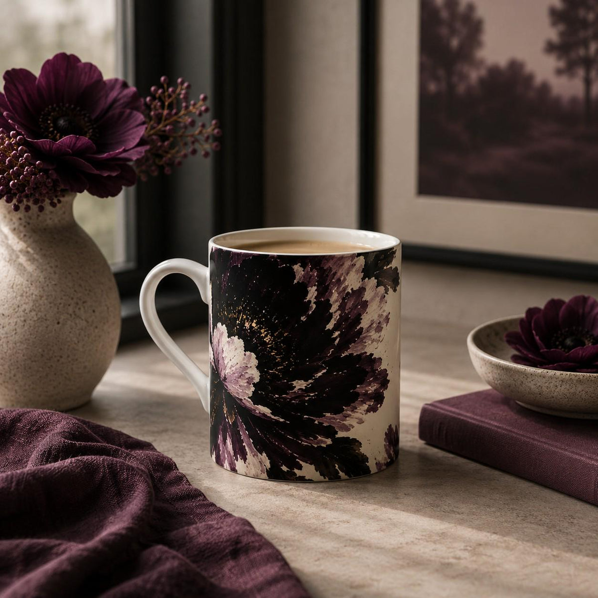 Mulberry & Stone Blooms fine bone china mug with oversized painterly flower in deep mulberry, plum, soft blush and cream tones