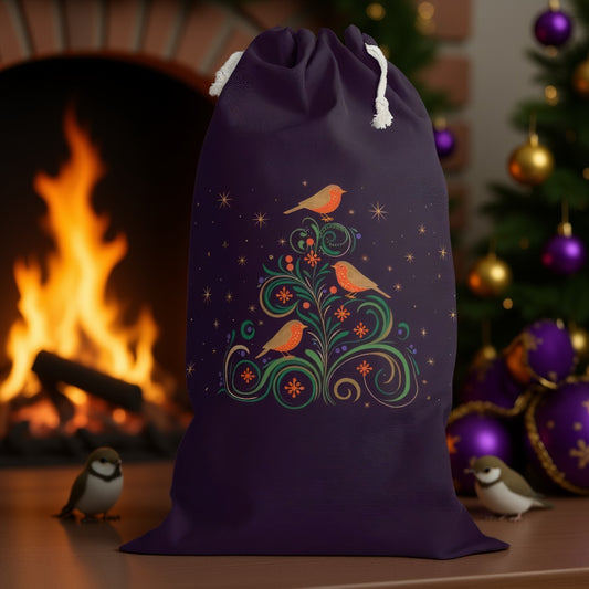 Purple Christmas Sack with Adorable Festive Robins | Holiday Decor